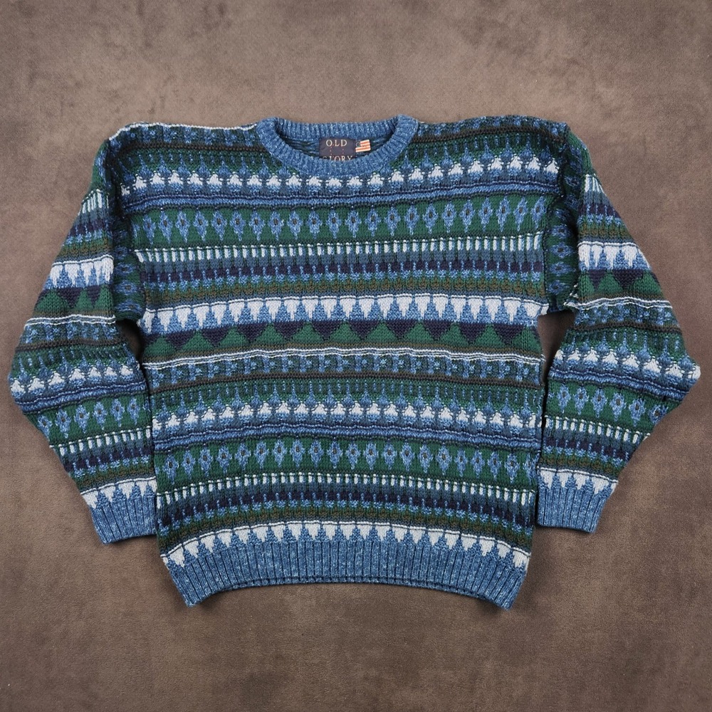 Vintage OLD GLORY Sweater Mens XL‎ Blue Green Fair Isle Knit Cotton Made in USA